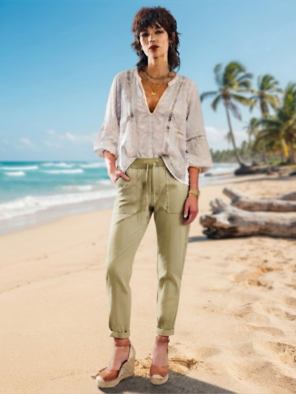 Jeanioloqie Green pants with elastic waist band and at ankles